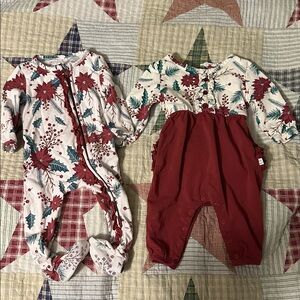 Ruffle Butts Holiday Holly Print Baby Onesie Romper Sleeper Bundle Lot 2